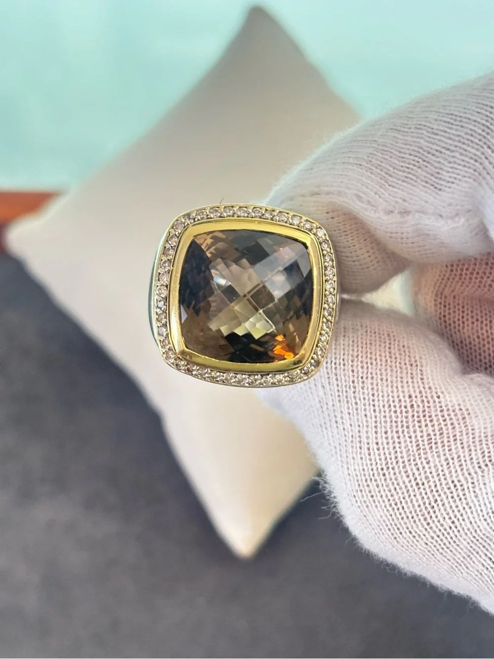 David Yurman 925 & 18k Gold 14mm Albion Ring with Smoky Quartz & Diamonds 7